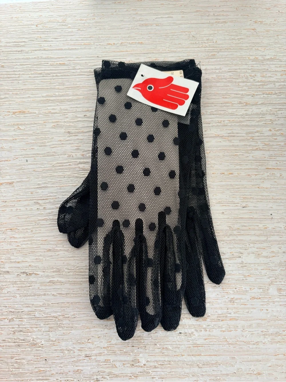 VTG NWT Cardinal Glove Co. Black Nylon Mesh Polka Dot Gloves